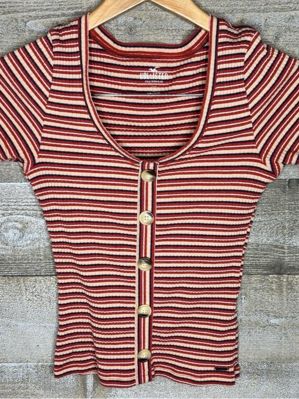 Hollister Rust Red and Cream Striped Ribbed Button-Front Tee